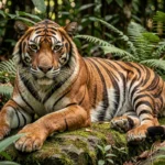 Tigre du Bengale au repos sur un rocher moussu dans la jungle, regard intense et fourrure rayée en détail hyperréaliste
