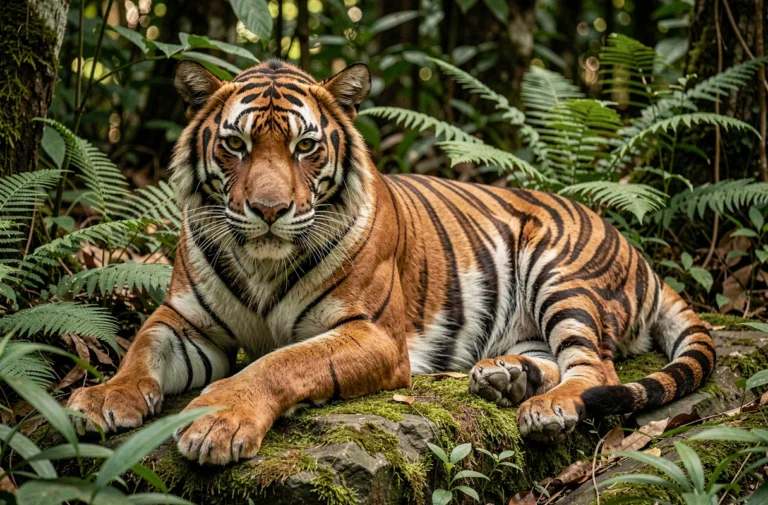 Tigre du Bengale au repos sur un rocher moussu dans la jungle, regard intense et fourrure rayée en détail hyperréaliste