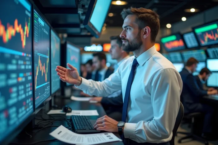 Trader masculin sur un parquet boursier entouré d'écrans affichant des indices économiques et des graphiques de marché en temps réel
