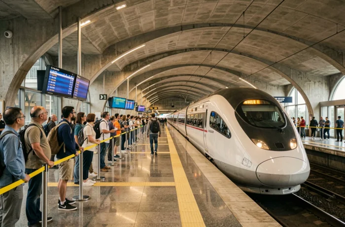 Train à grande vitesse arrivant en gare moderne avec des voyageurs sur le quai