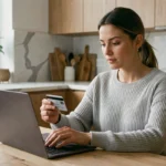 Femme effectuant un transfert de solde Amazon vers son compte bancaire depuis un ordinateur portable à la maison