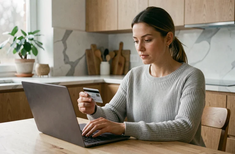 Femme effectuant un transfert de solde Amazon vers son compte bancaire depuis un ordinateur portable à la maison