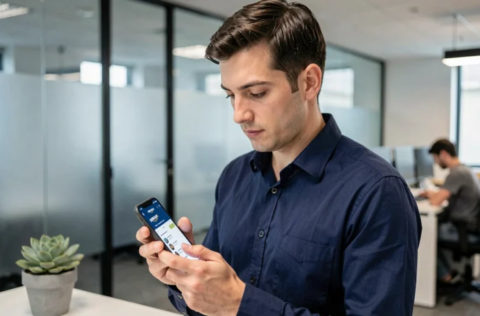 Homme consultant l'application Amazon sur son smartphone pour transférer son solde vers PayPal au bureau