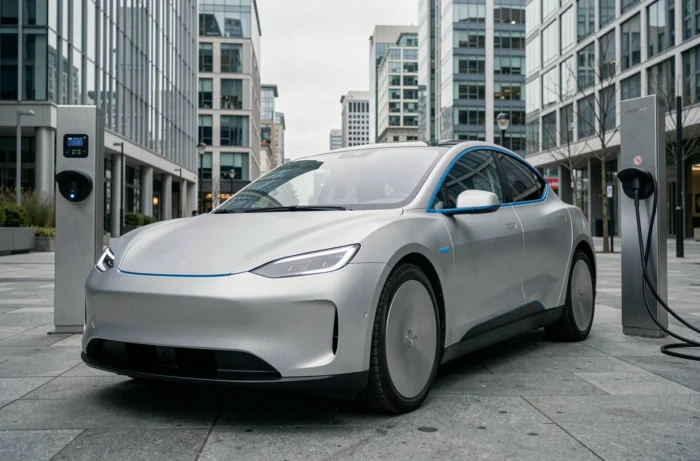 Véhicule électrique autonome futuriste garé à une borne de recharge en milieu urbain moderne