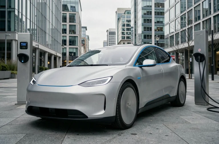 Véhicule électrique autonome futuriste garé à une borne de recharge en milieu urbain moderne