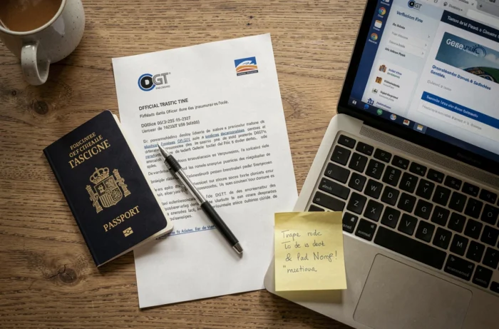 Ansicht von oben auf eine DGT-Geldstrafe in spanischer Sprache, die auf einem Tisch mit Reisepass und offenem Laptop liegt